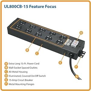 Eaton Tripp Lite Series Industrial Power Strip, 10-Outlet, 15 ft. (4.6 m) Cord, Large Plug Spacing