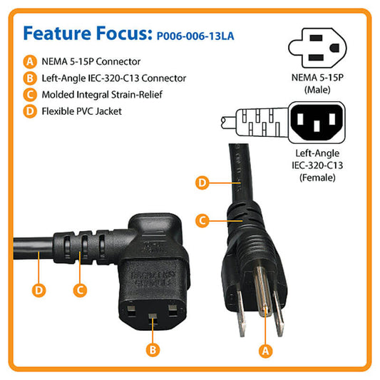 Eaton Tripp Lite Series Computer Power Cord, NEMA 5-15P to Left-Angle C13 - 10A, 125V, 18 AWG, 6 ft. (1.83 m), Black